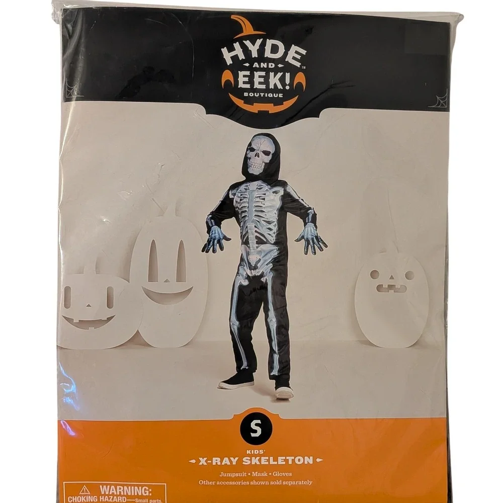 Kids X Ray Skeleton Costume‎ Jumpsuit Mask Gloves Halloween Spooky Size S NEW